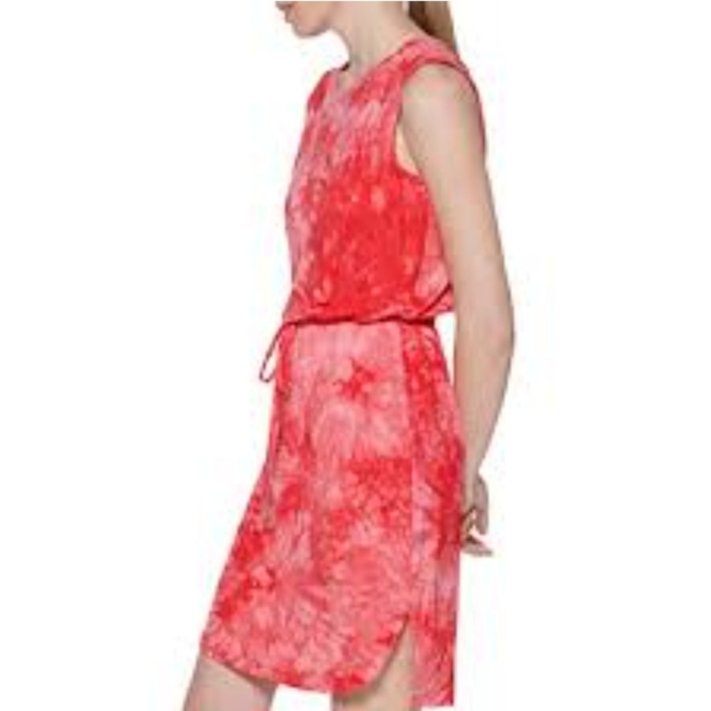 CALVIN KLEIN Jersey Knit Short Summer Beach Dress Tie Dye Coral Side Vents